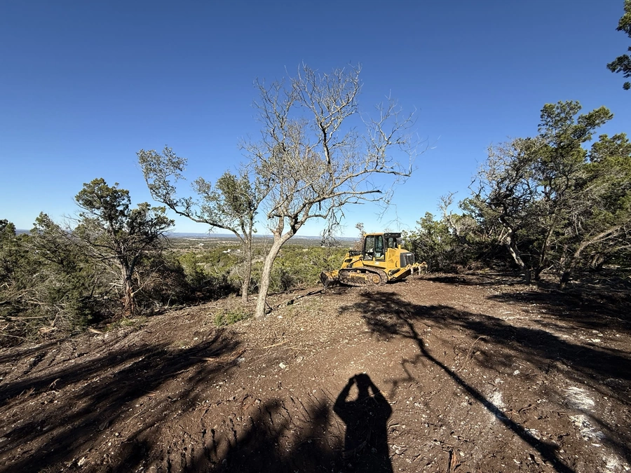 A bulldozer is clearing a dirt path through a wooded area with bare trees, casting a long shadow in the foreground.