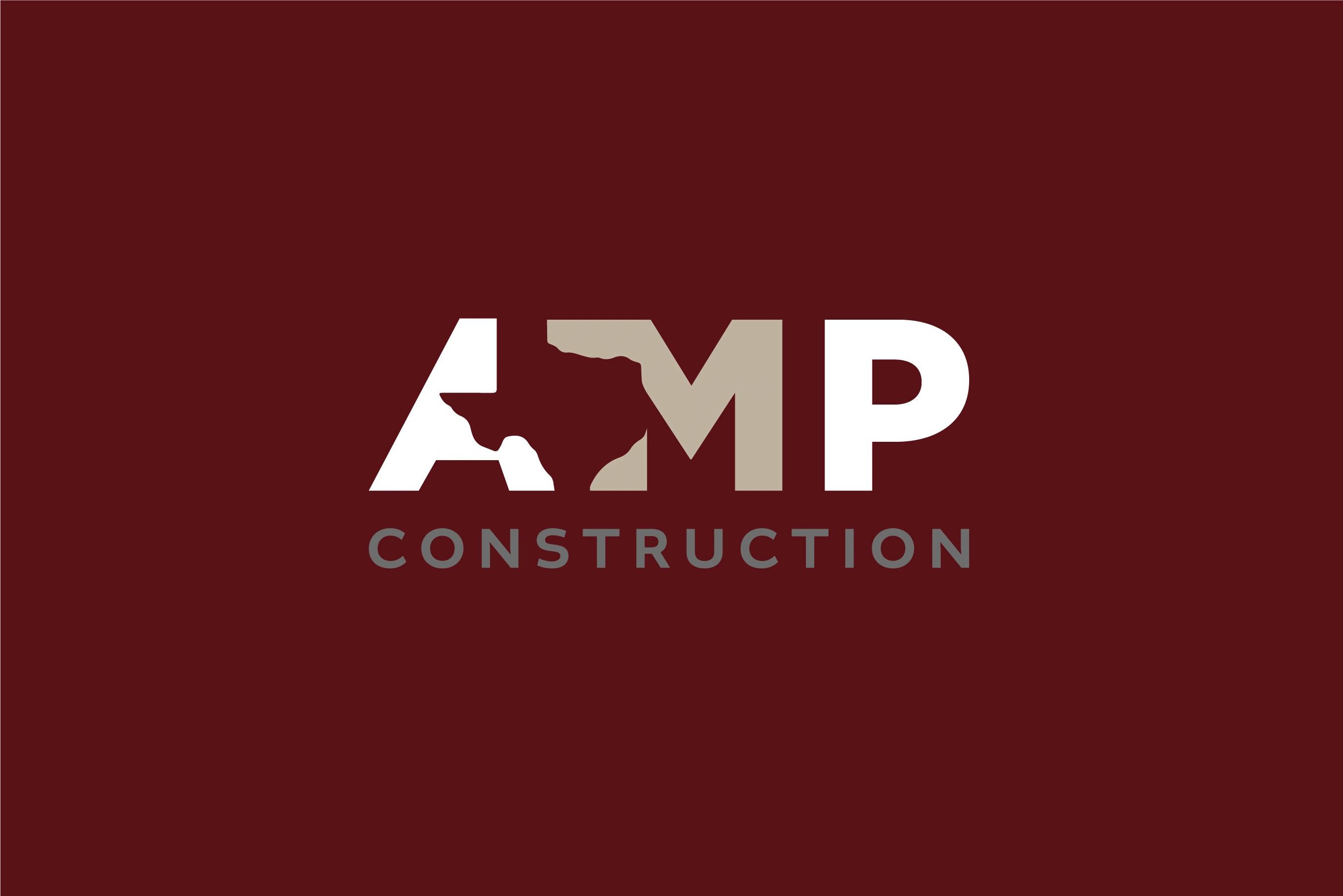 AMP Construction primary logo on dark red background