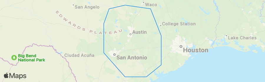 Map of Austin, Taylor, Jarrell, Georgetown, Llano, Blanco, Luling, Bastrop, New Braunfels, Giddings, Lampasas, Lockhart, Rockdale, La Grange, Lexington, Wimberley, Smithville, Johnson City, Marble Falls, Fredericksburg, Cedar Park, Lakeway, Bee Cave, Dripping Springs, West Lake Hills, Round Rock, Pflugerville, Kyle, San Marcos, Buda, Manchaca, Bear Creek, Lost Creek, Horseshoe Bay, Lakeway
