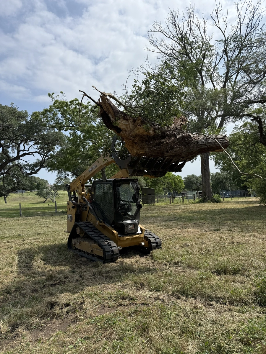 A large tracked excavator machine moving a fallen tree branch in a grassy field with trees in the background.