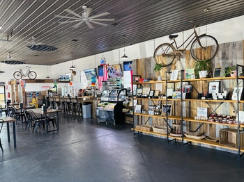 View from inside the blanco feed store of the bar and ordering area