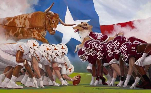 Texas Longhorn football team lined up against the Texas A&M football team with a Texas flag and their mascots in the background