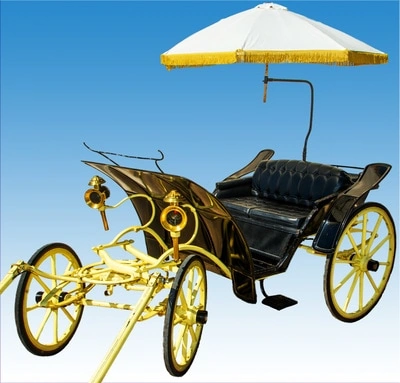 A vintage yellow and black horse-drawn carriage with a yellow parasol umbrella against a bright blue sky.