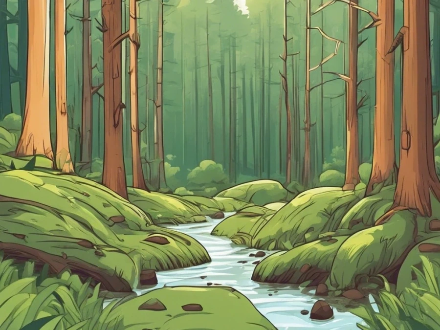 Lush forest path with sunlight filtering through trees