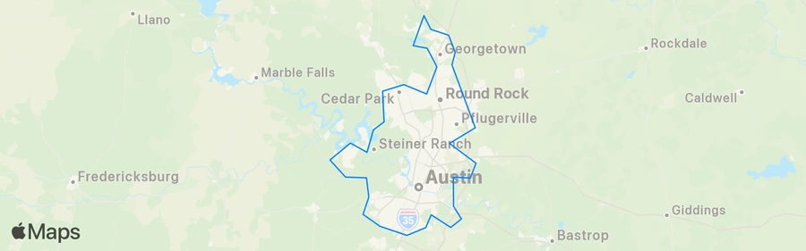 Map of Austin, Georgetown, Cedar Park, Wimberley, Lakeway, Bee Cave, Dripping Springs, West Lake Hills, Round Rock, Pflugerville