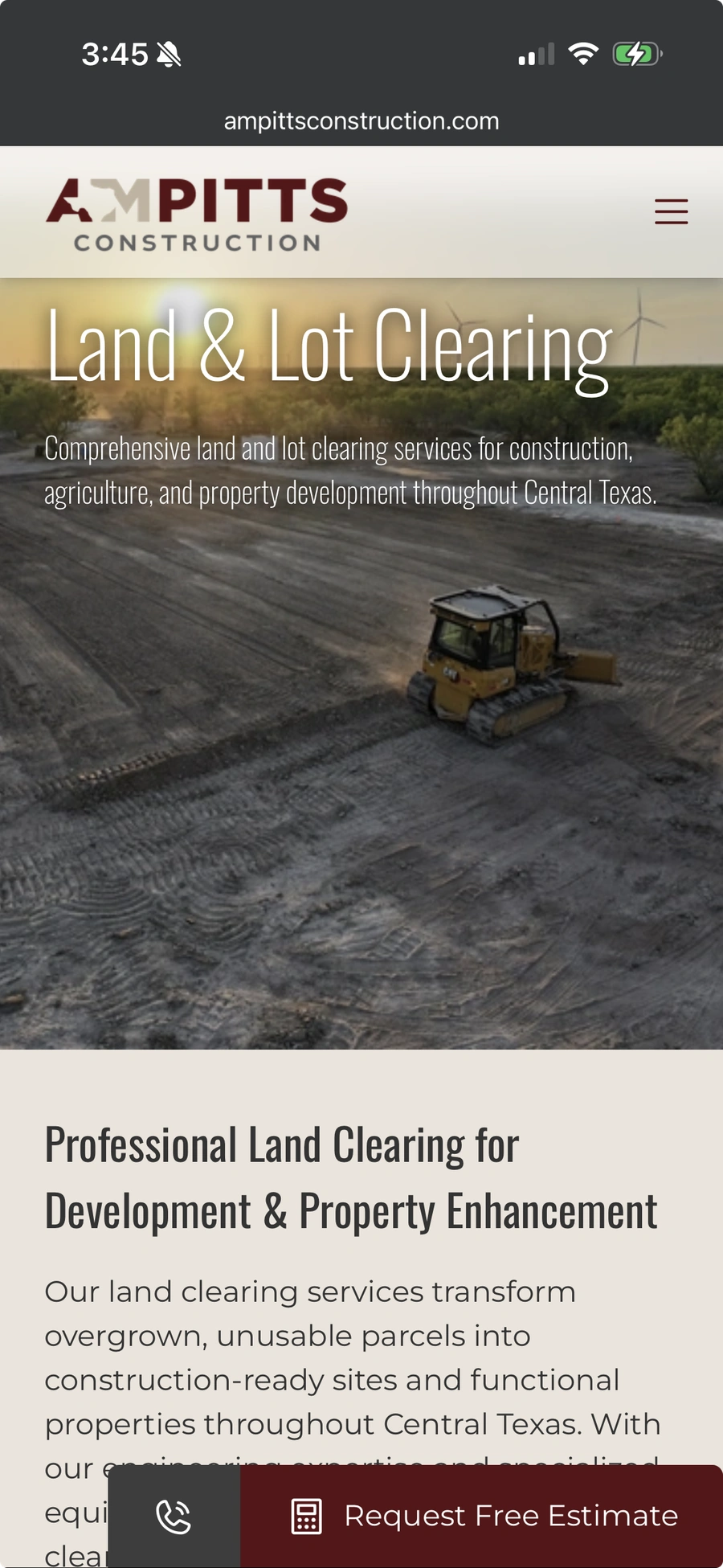 Example of AM Pitts Construction Land and Lot Clearing page on mobile 