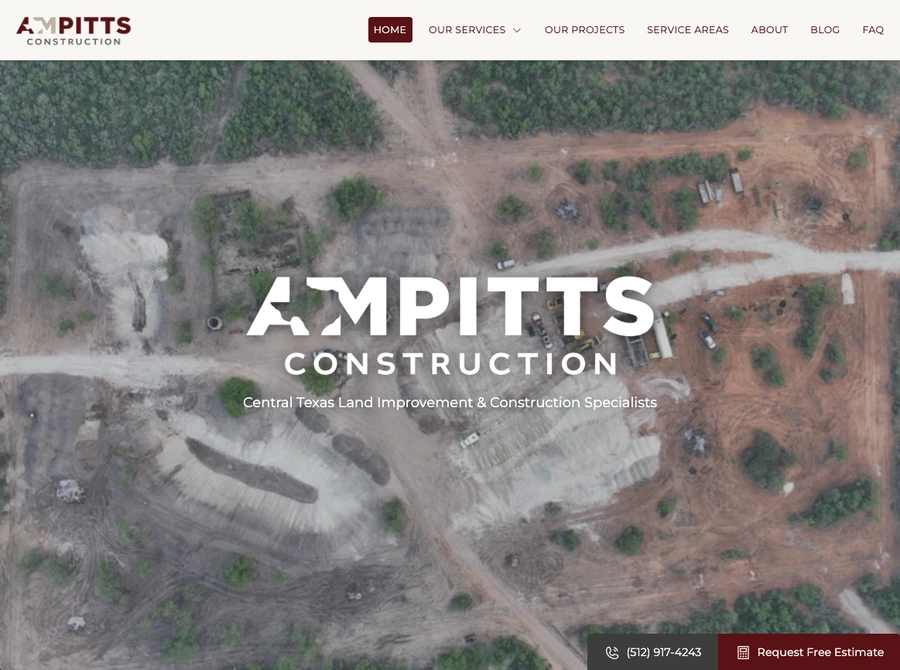 The top hero portion of the AM Pitts Construction homepage