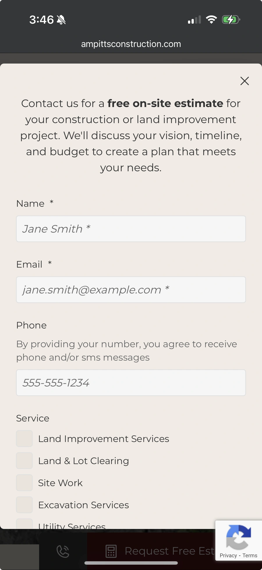 Example of AM Pitts Construction mobile optimized Free Estimate Request form