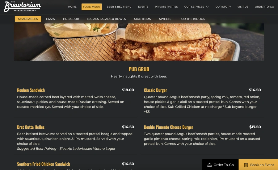 Food Menu on Brewtorium's Website