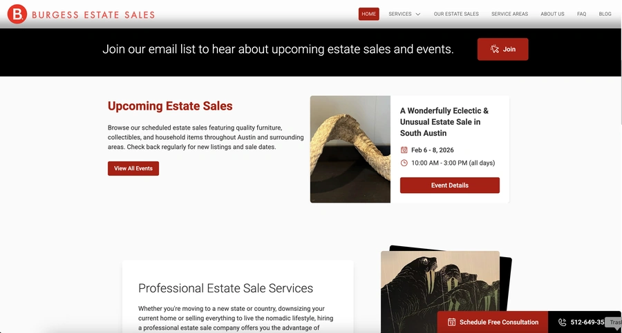 Upcoming Sales section of the Burgess Estate Sales Site