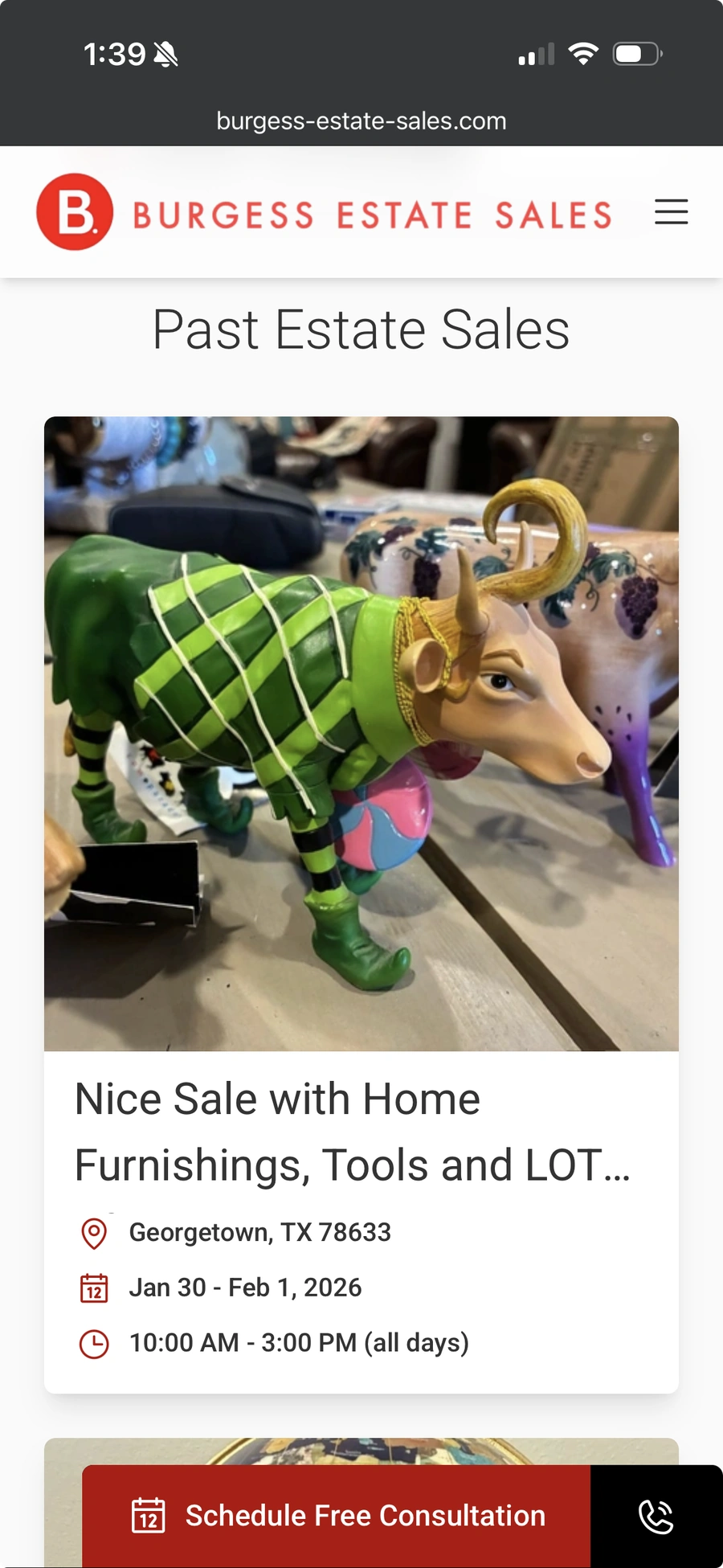 Example of an estate sale event listing on Burgess Estate Sales