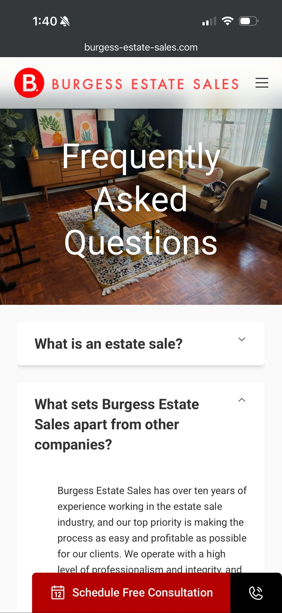 Example of an FAQ on Burgess Estate Sales Website