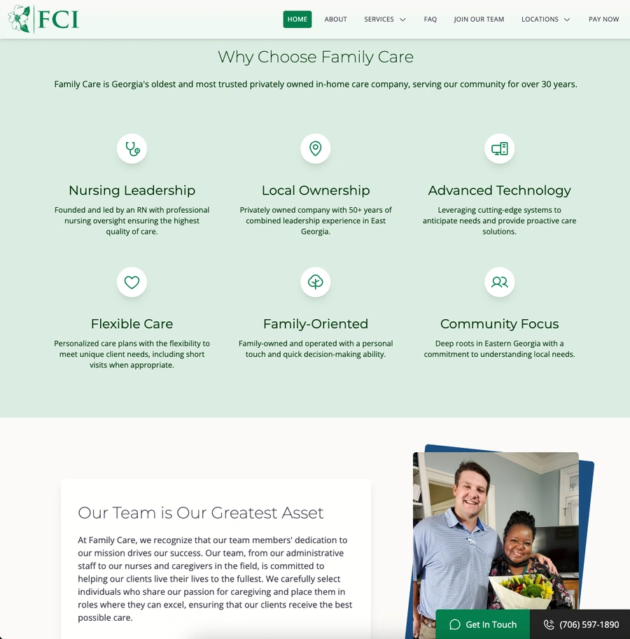 Example web page of Family Care Inc's differentiators