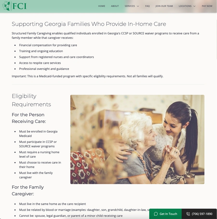 Example web page of Family Care Inc's Structured Family Caregiving service