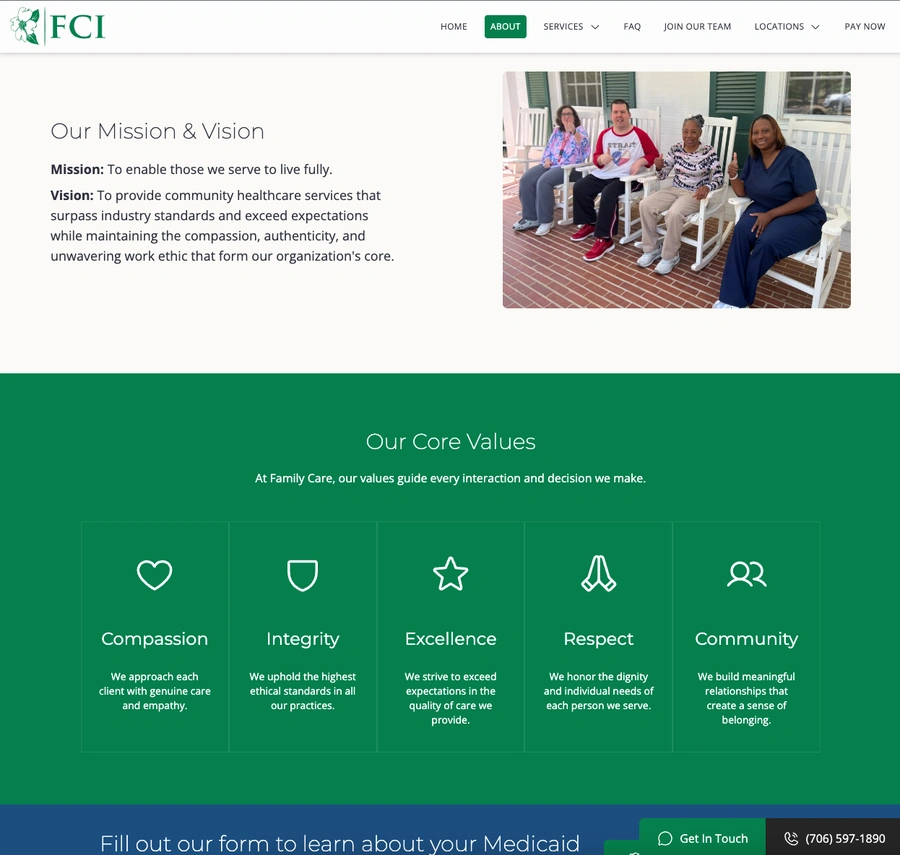 Example web page of Family Care Inc's values