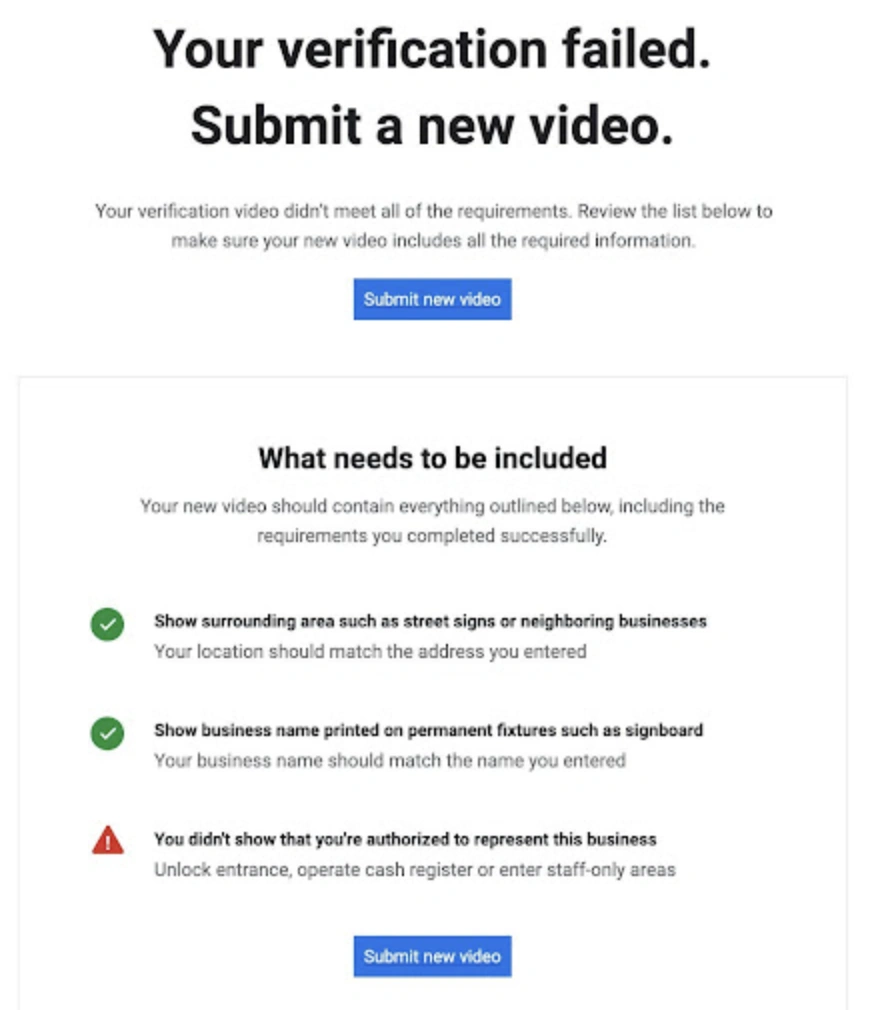 Example rejection of Google Business Profile verification