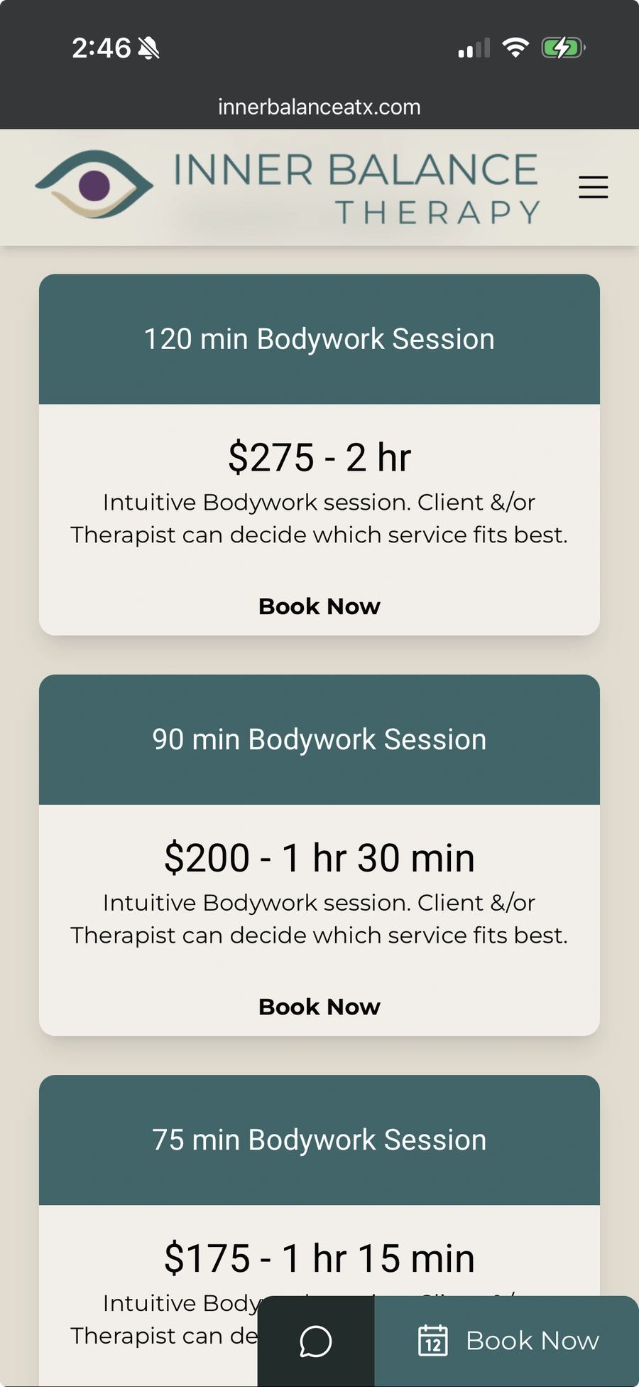 The Book Now CTAs on the Website of Inner Balance Therapy 