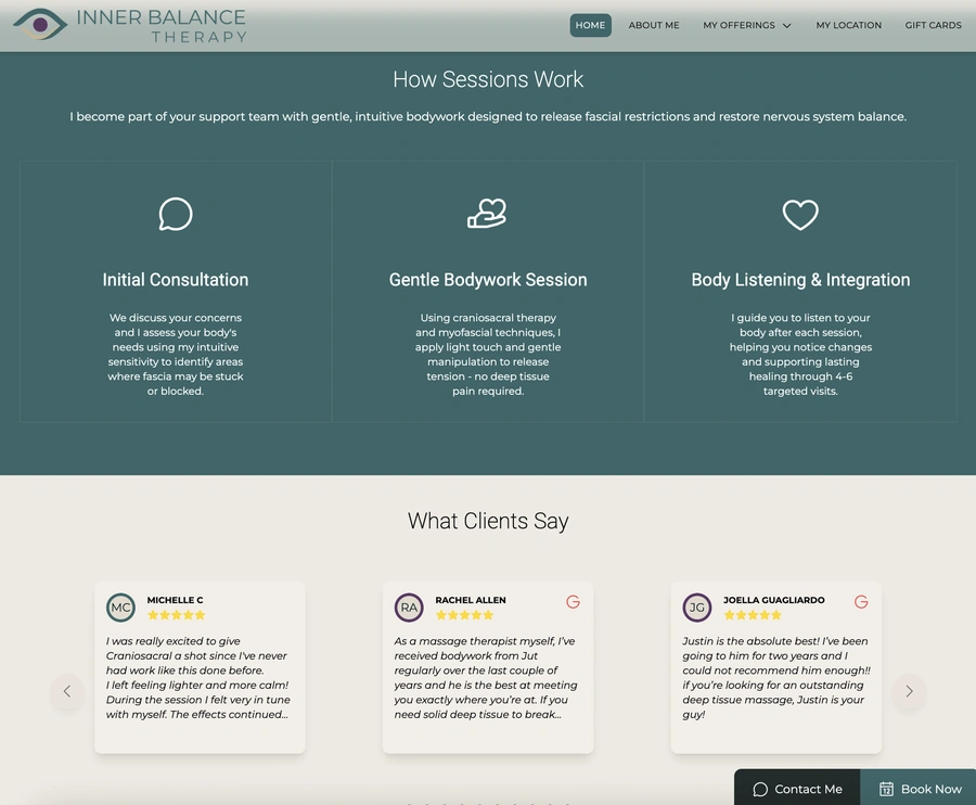 Website example for Inner Balance Therapy with overview of how sessions work and reviews