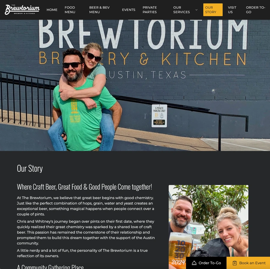 Example of the top of The Brewtorium's About Us page with the owners