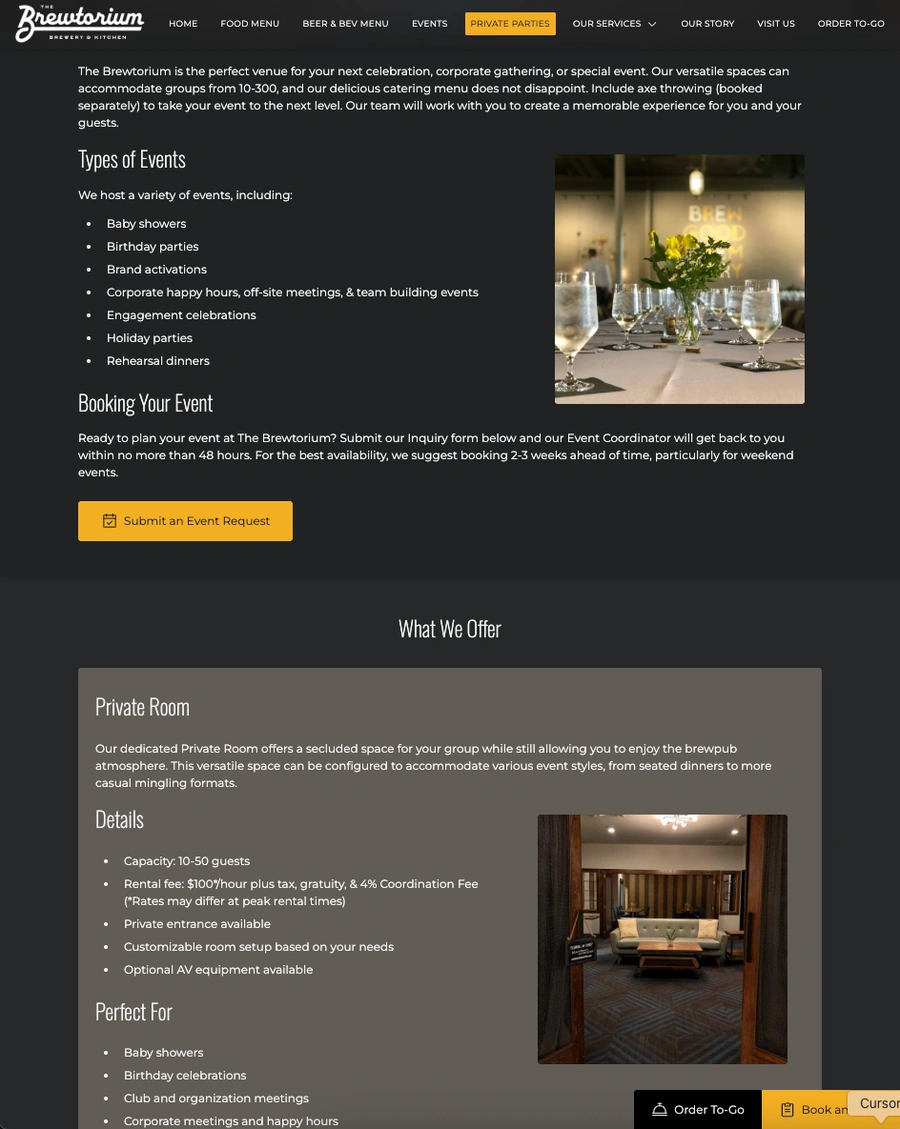 Example of part of The Brewtorium's private event web page
