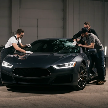 Three men fixing a front windshield of a sports car