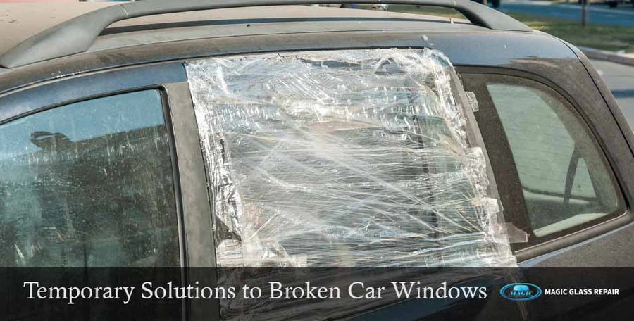 Broken car window duct taped with plastic bag