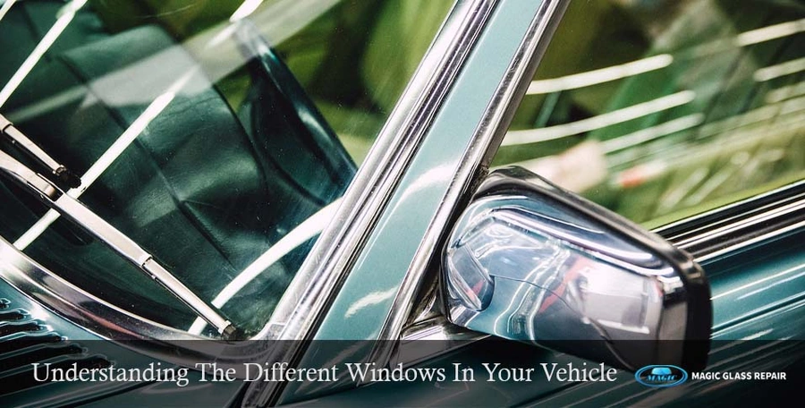 Front driving side window, review and windshield of an older car