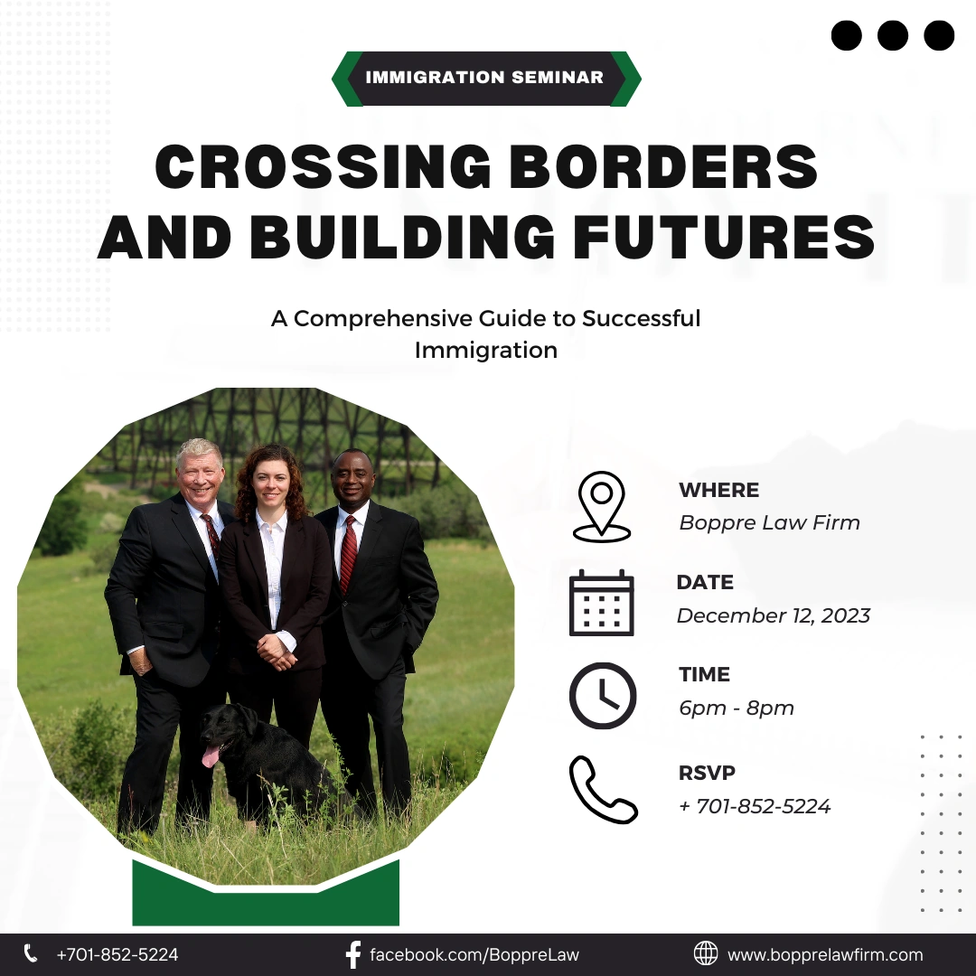 Promotional poster for 'Crossing Borders and Building Futures' immigration seminar (Dec 12, 2023) with event details and RSVP info.