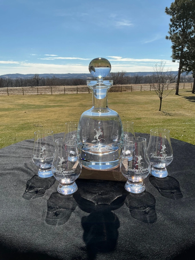 Theodore Roosevelt engraved decanter and glass set