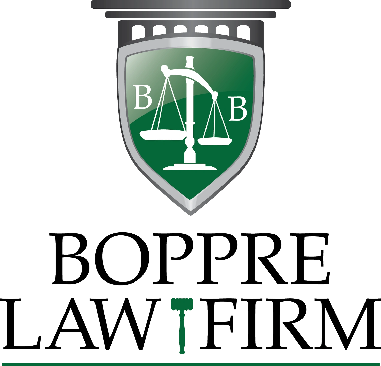 Shield logo with green field, white scales of justice and 'BOPPRE LAW FIRM' text on white background