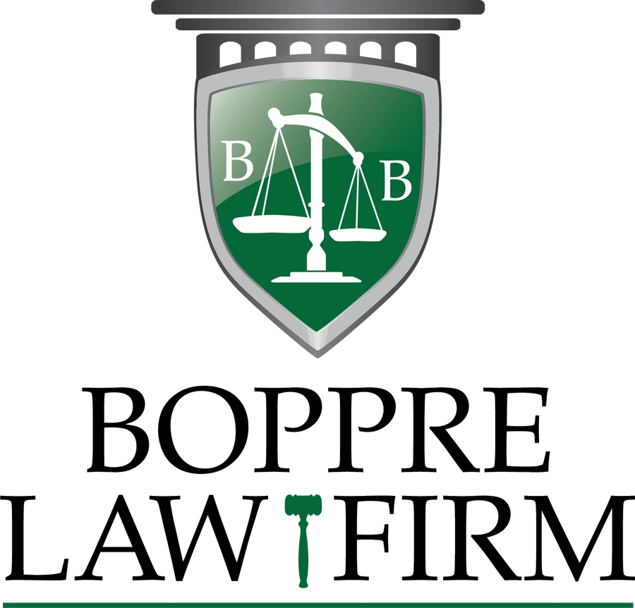 Shield logo with green field, white scales of justice and 'BOPPRE LAW FIRM' text on white background