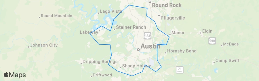 Map of Austin, West Lake Hills, Bee Cave, Lakeway, Dripping Springs, Hutto, Wimberley