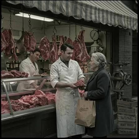 A neighborhood butcher speaking with a customer across the counter.