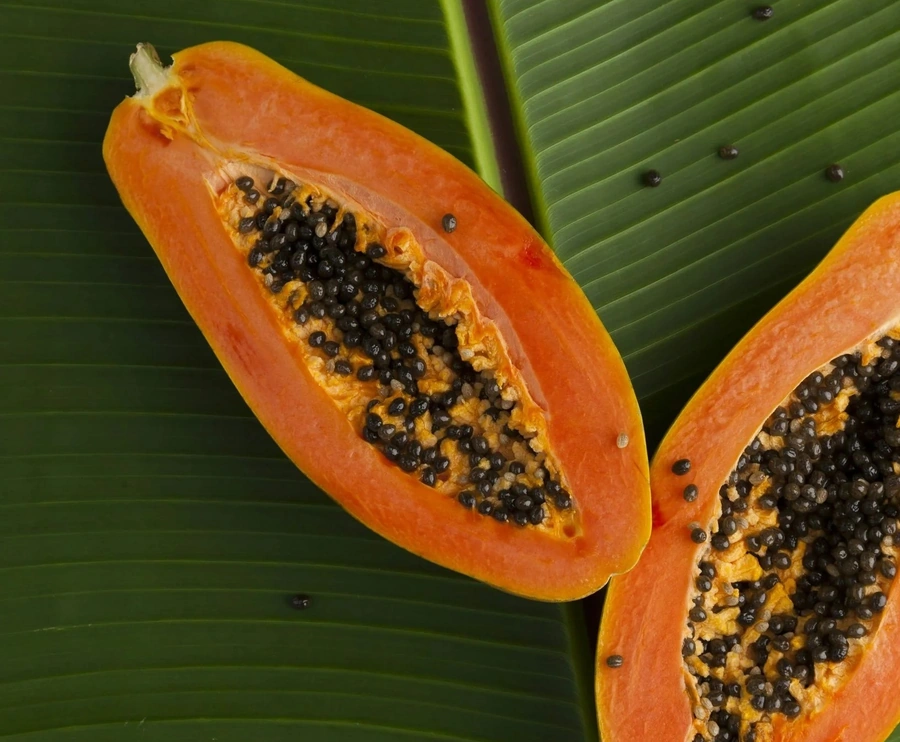 A close-up view of a halved papaya fruit, revealing its vibrant orange flesh and black seeds. The papaya is resting on a large green leaf, creating a natural and earthy background.