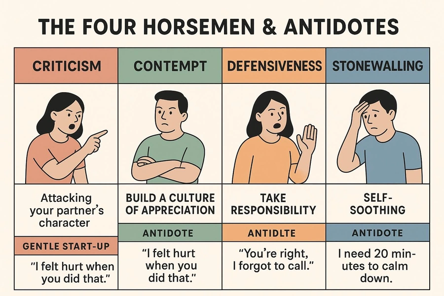 The four horsemen - criticism, contempt, defensiveness, and stonewalling - and antidotes on how to overcome them