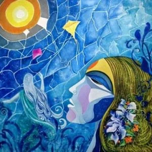 painting of woman looking at the sun