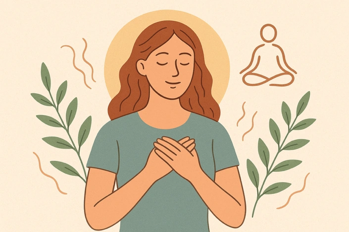 An illustration of a young woman with long brown hair meditating in a lotus position, surrounded by plants and a simple icon representing meditation.