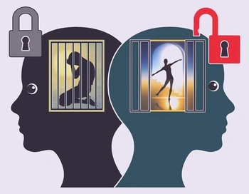 Illustratrion of people's heads with versions of themselves in their head, one locked and sad and one unlocked and happy