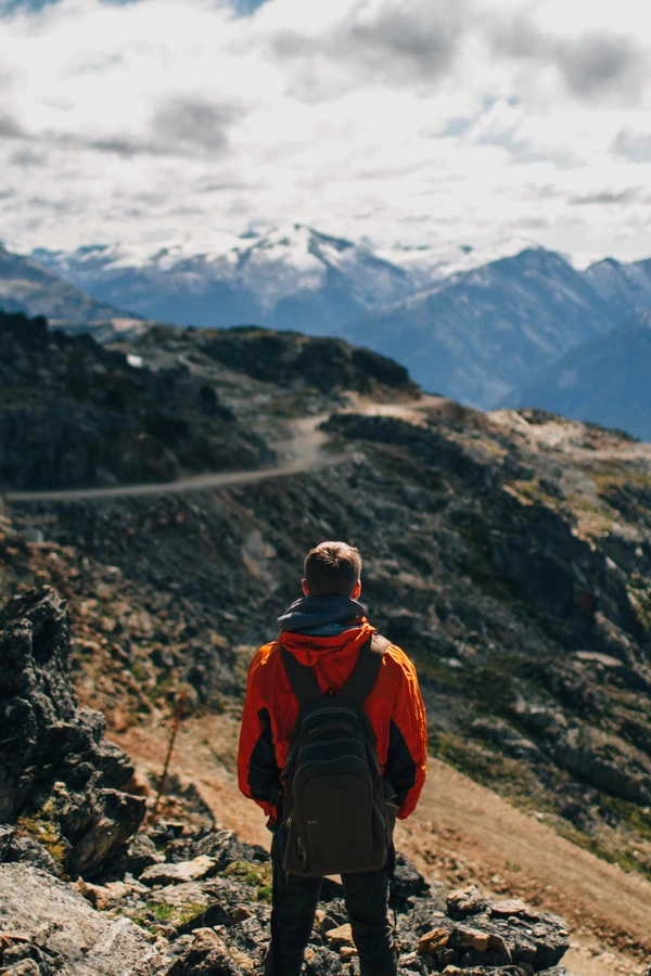 Photo of hiker looking out over a mountain range