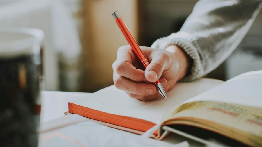 Photo of someone's hand writing in a journal