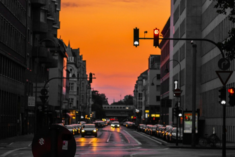 Sunset down a city road