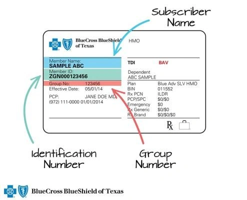 Example of an insurance card with subscriber name, identification number, and group number called out.