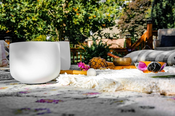 Sound bowls in a tropical sunny environment