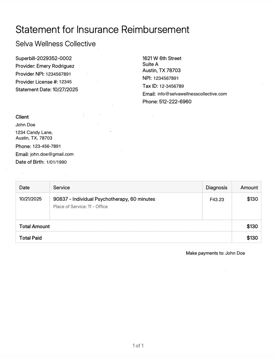 An example of what a Super Bill looks like