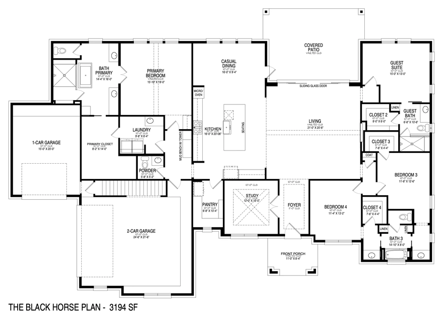 The BlackHorse floor plan, 3,194 square feet with four bedrooms, study, and three-car garage