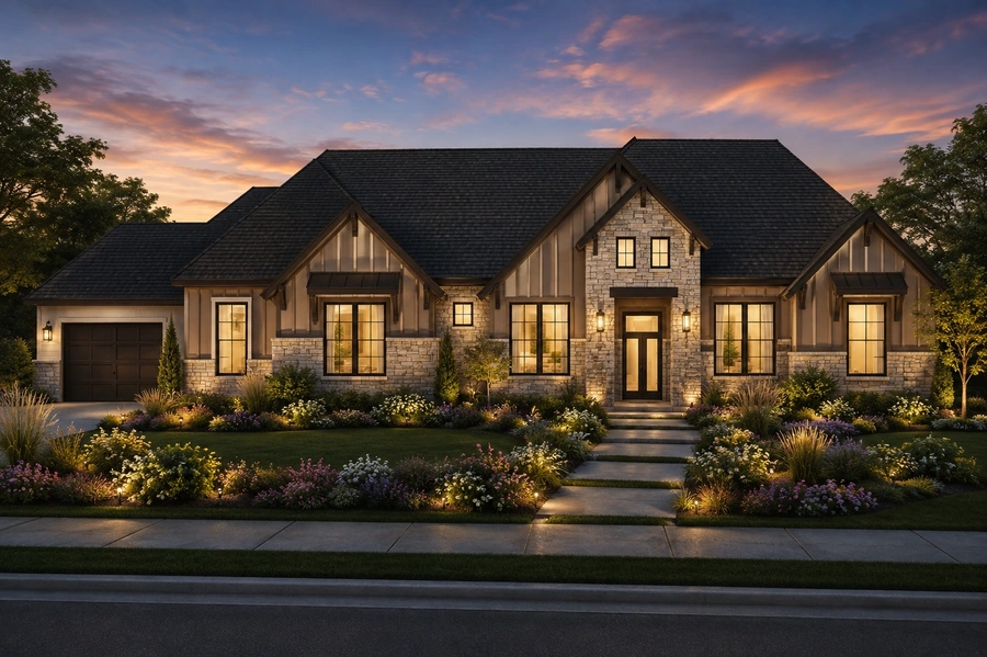 Dusk rendering of The BlackHorse showing the illuminated front elevation and landscaped walkway