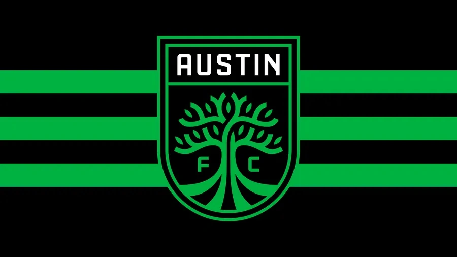 Austin FC soccer team logo featuring a green tree symbol on a black shield with horizontal green and black stripes background
