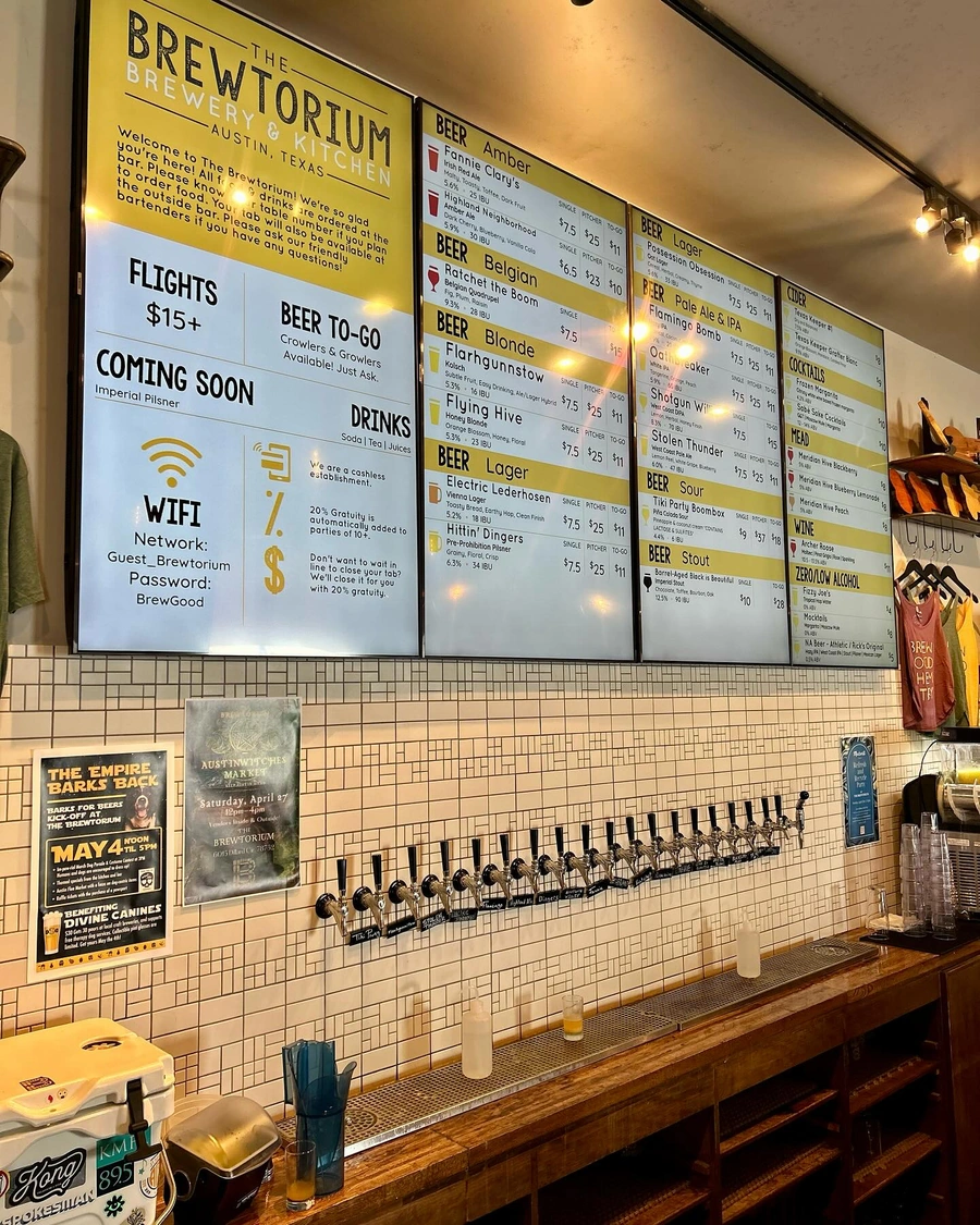 Extensive selection of craft beers at Brewtorium, featuring our house-brewed German-style beers and guest taps