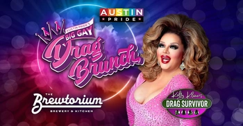 Promotional image for Austin Pride's Big Gay Drag Brunch at The Brewtorium, featuring vibrant pink and blue lighting effects, the Austin Pride rainbow logo, and a drag performer in a sparkly pink dress and glamorous styling