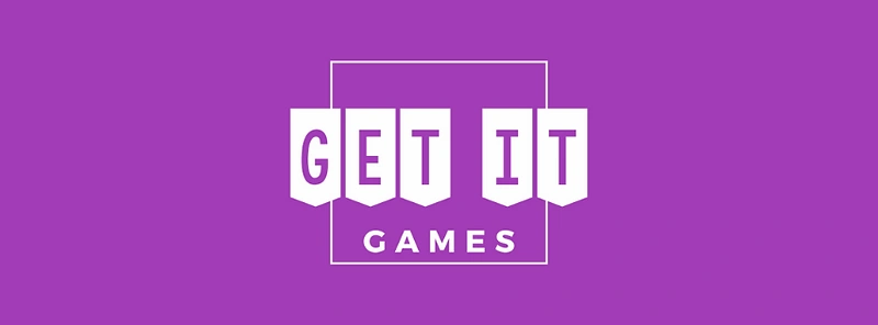 Get It Games logo featuring white banner-style letters spelling 'GET IT' arranged within a square frame on a vibrant purple background